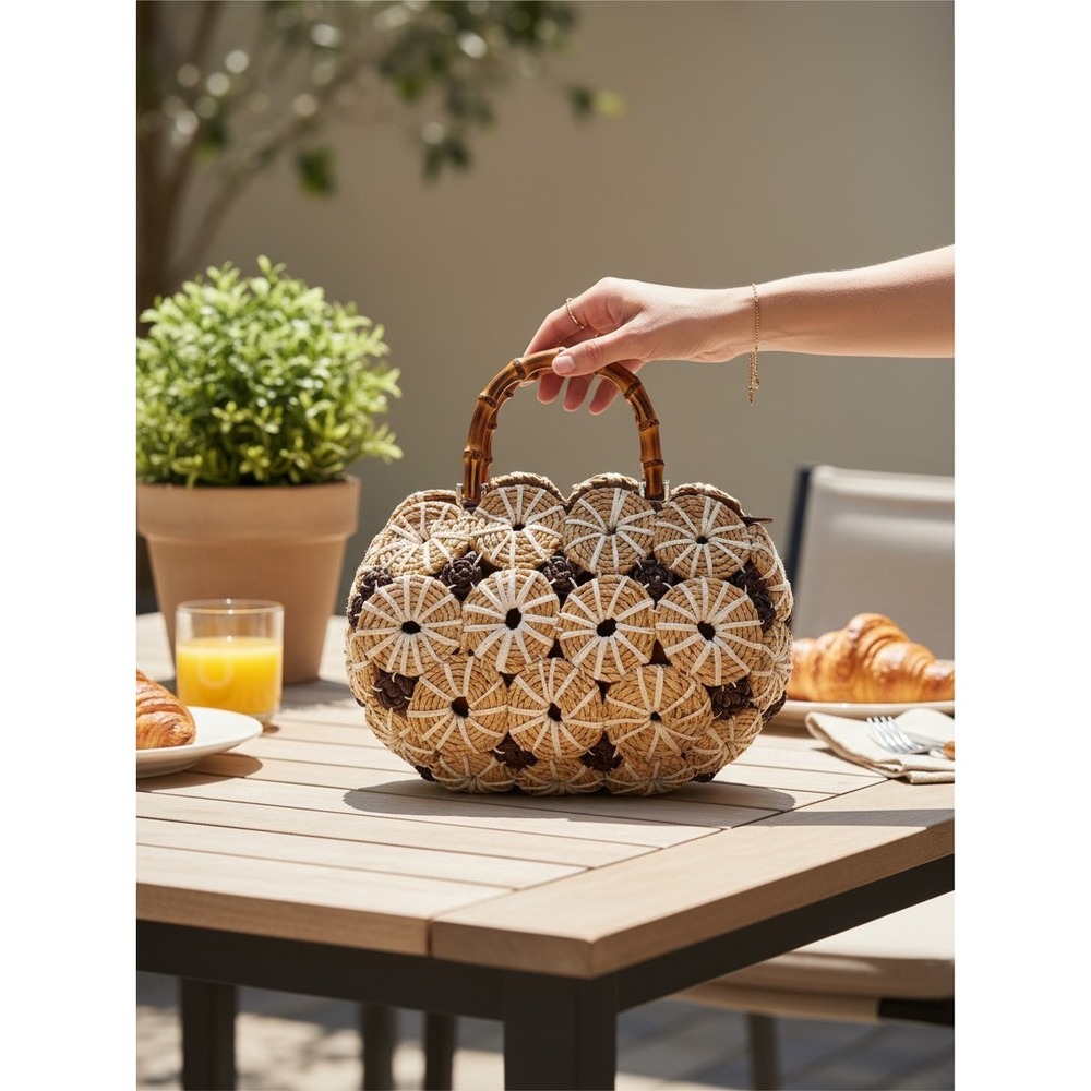 Patricia Nash Palmarola Beige/Brown Straw Satchel Bamboo Women's Handbag